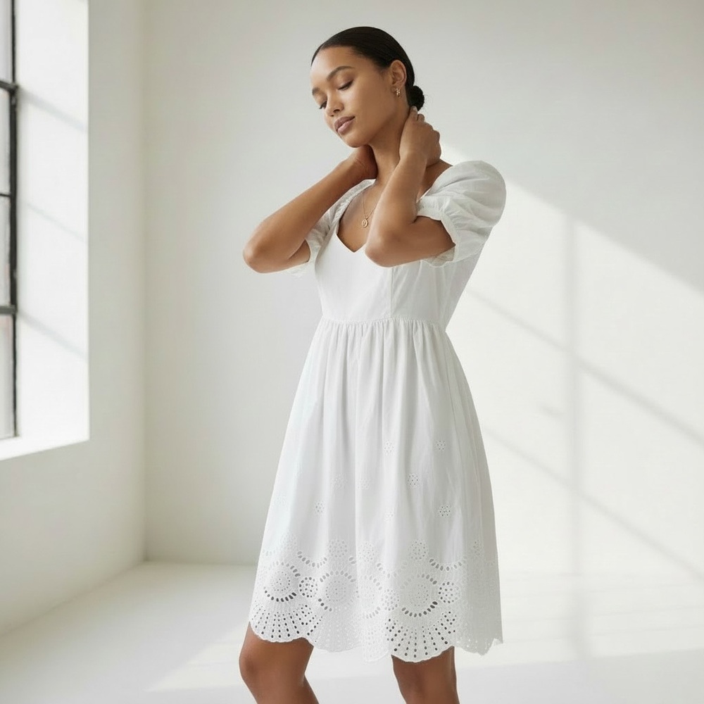 $139 Adrianna Papell White Eyelet Puff Sleeve Mini Dress Summer Prairie Sz 10